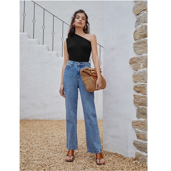 Ruched One Shoulder Black Bodysuit - Picture 6 of 7